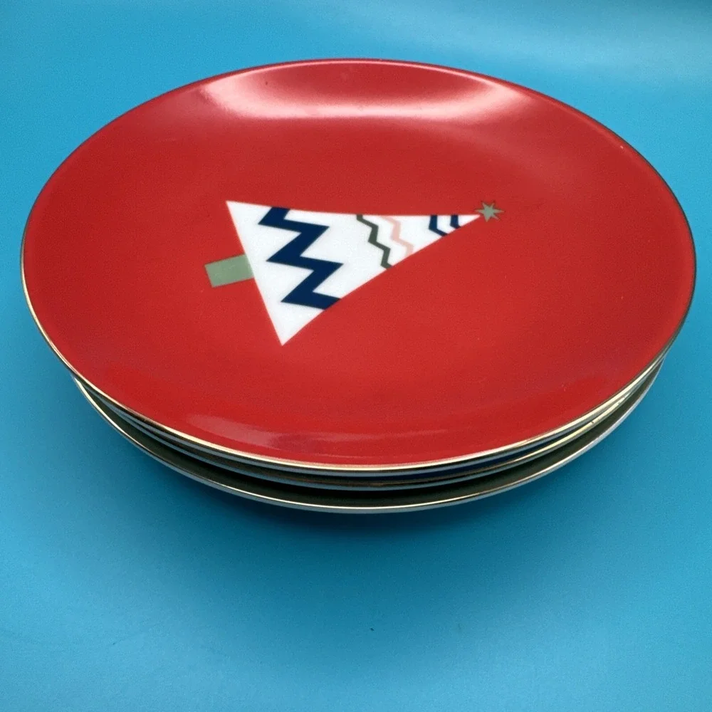 PIER 1 Christmas Tree Plate 3 Colors Holiday Appetizer‎ Canape Dessert 6